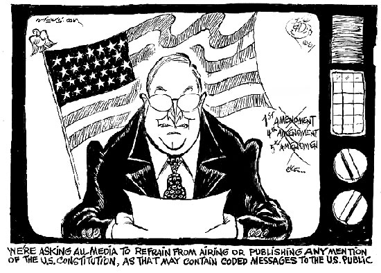 Cartoon of someone looking like Dick Cheney eliminating ammendments from the Constitution